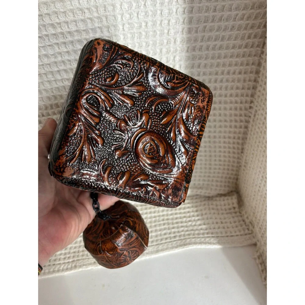 Western Unisex Vintage Tooled Leather Amber Glass Decanter OS Brown
